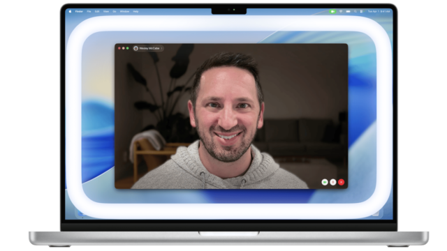 Uma captura de tela do menu da câmera em um Mac, completa com o novo recurso Edge Light. Existem controles deslizantes para brilho e cor.