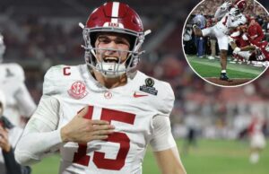 Alabama recupera de déficit de 17 pontos para superar Oklahoma e avança no College Football Playoff O quarterback Ty Simpson comemora após a vitória do Alabama por 34-24 sobre os Sooners na primeira rodada do College Football Playoff em 20 de dezembro de 2025.