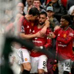 Bryan Mbeumo comemora gol do Manchester United x Liverpool.