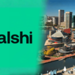 Amicus brief apóia Maryland na disputa do mercado de previsão esportiva de Kalshi. Imagem dividida mostrando o logotipo de Kalshi em fundo verde ao lado do horizonte de Baltimore e Inner Harbor, representando a disputa legal de Kalshi com os reguladores de Maryland.