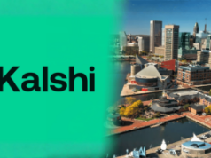 Amicus brief apoia Maryland na disputa do mercado de previsão esportiva de Kalshi Amicus brief apóia Maryland na disputa do mercado de previsão esportiva de Kalshi. Imagem dividida mostrando o logotipo de Kalshi em fundo verde ao lado do horizonte de Baltimore e Inner Harbor, representando a disputa legal de Kalshi com os reguladores de Maryland.