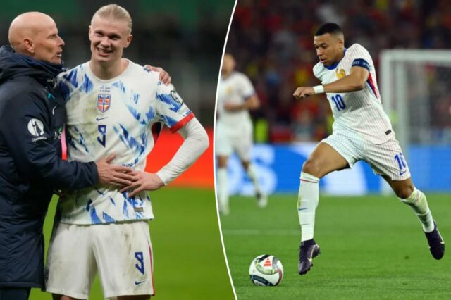 Kylian Mbappe da França em ação durante a semifinal da Liga das Nações contra a Espanha.