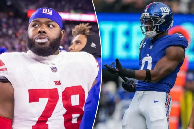 New York Giants fora do linebacker Brian Burns (0) reagindo durante um jogo de futebol.