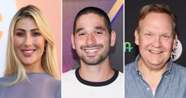 Andy Richter, parceiro de Emma Slater em ‘DWTS’, beija Alan Alan Bersten beija o parceiro de 'DWTS' de Emma Slater, Andy Richter, durante o Kiss Cam