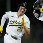 O defensor esquerdo do atletismo Tyler Soderstrom (21) marca uma corrida durante a quinta entrada contra o Kansas City Royals no Sutter Health Park.