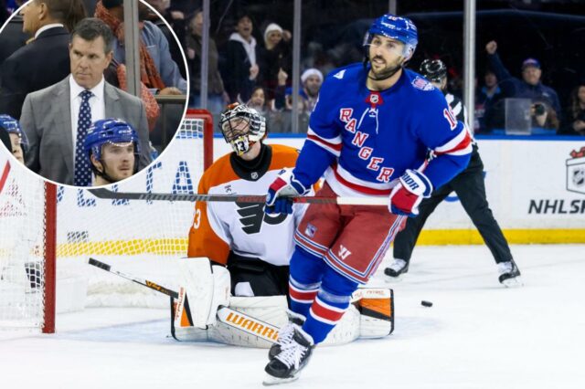 Mike Sullivan reage no banco no terceiro período do Madison Square Garden, em Nova York, em 23 de outubro de 2025. 
