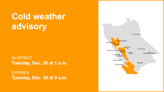 Atualização: Aviso de tempo frio em vigor para regiões do Atualização: Aviso de tempo frio em vigor para regiões do interior da Bay Area na terça-feira – temperaturas mínimas de 33