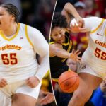 O centro do estado de Iowa, Audi Crooks (55), reage durante um jogo de basquete universitário da NCAA contra Iowa em Ames, Iowa, quarta-feira, 10 de dezembro de 2025.