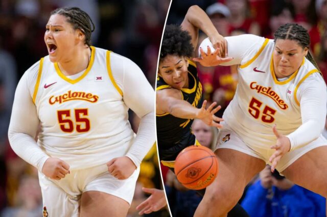 Audi Crooks domina para o estado de Iowa na vitória: O centro do estado de Iowa, Audi Crooks (55), reage durante um jogo de basquete universitário da NCAA contra Iowa em Ames, Iowa, quarta-feira, 10 de dezembro de 2025.