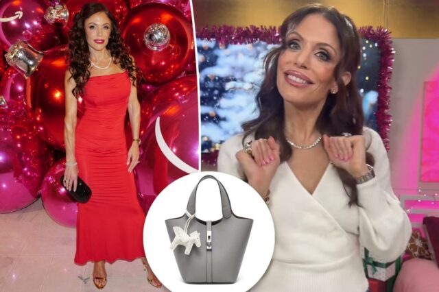 Bethenny Frankel disse que esta bolsa parece 'inspirada em uma Bolsa estilo balde cinza com pingente de cavalo alado branco.