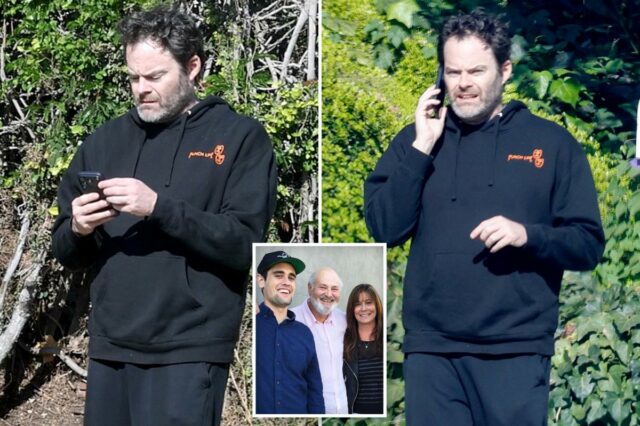 Bill Hader anda ansiosamente e faz um telefonema tenso após a notícia de uma briga na festa com Nick Reiner
