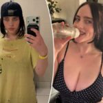 Billie Eilish troca roupas largas por uma regata de bolinhas