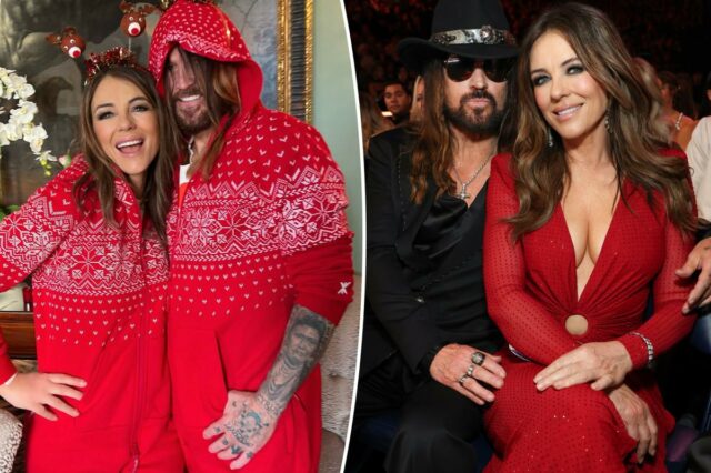 Billy Ray Cyrus e Elizabeth Hurley comemoram seu primeiro Natal como casal com pijamas combinando
