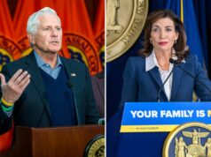 Blakeman: A conta de US$ 4,5 bilhões de Hochul para migrantes ilegais é inaceitável O executivo do condado de Nassau, Bruce Blakeman, e o legislador Mazi Pilip, junto com outros homens, em uma entrevista coletiva.