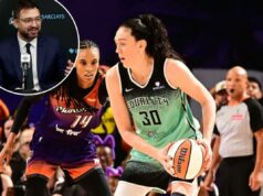 Breanna Stewart pronta para ver o que Chris DeMarco pode trazer para o Liberty após a mudança de treinador Breanna Stewart, do New York Liberty, segurando uma bola de basquete enquanto é guardada por um jogador do Phoenix Mercury.