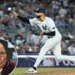 O arremessador do New York Yankees, Devin Williams #38, lança um arremesso durante a 7ª entrada.