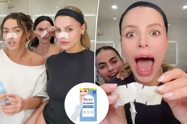 Caixa de Biore The Original Deep Cleansing Pore Strips, tamanho econômico com 14 tiras, apresentando uma mulher com uma tira no nariz e uma tira solta.