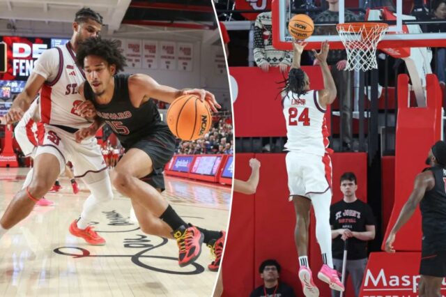 O atacante do Harvard Crimson, Thomas Batties II (15), pretende ultrapassar o atacante do St. John's Red Storm, Bryce Hopkins (23), no primeiro tempo na Carnesecca Arena. 