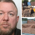 Builder foi preso 14 anos após fraude de US$ 1,69 milhão no financiamento de um caso de hábito de jogo. Foto do construtor condenado Mark Killick ao lado de imagens de obras inacabadas, mostrando equipamentos de escavação e um local residencial parcialmente limpo deixado incompleto.