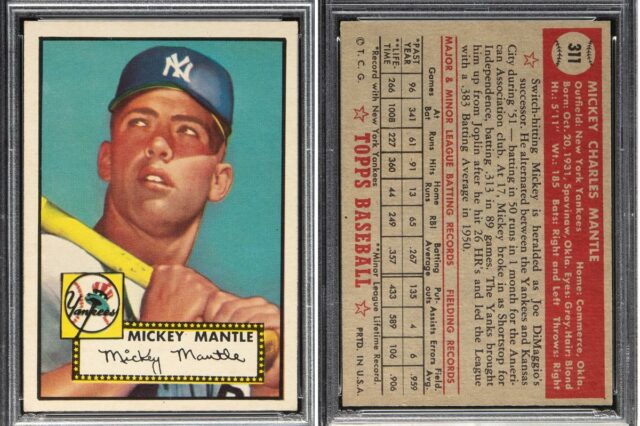 Cartão de beisebol de Mickey Mantle pode ser vendido por Cartão de beisebol Topps Mickey Mantle de 1952, classificado como NM-MT 8, mostrando Mantle com um boné do New York Yankees e um taco no ombro.