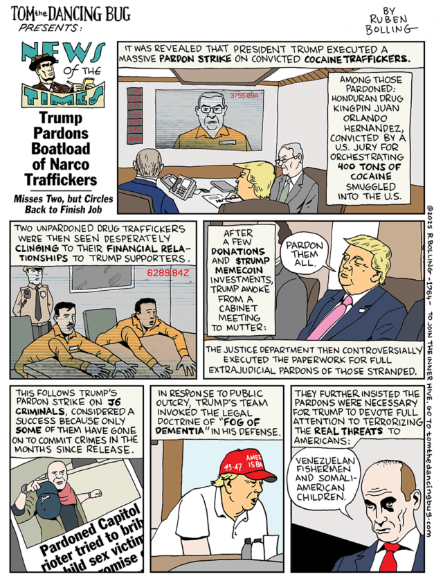 Cartoon: Tom the Dancing Bug News – Trump executa greve Cartoon: Tom the Dancing Bug News – Trump executa greve de perdão em um barco cheio de narcoterroristas