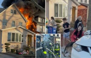 Casa da família em Nova York destruída por um incêndio no dia de Natal que se espalhou pela lata de lixo do beco Casa da família em Nova York destruída por um incêndio no dia de Natal que se espalhou pela lata de lixo do beco