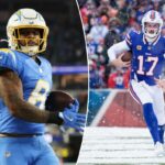 O running back do Los Angeles Chargers, Omarion Hampton (8), marca um touchdown contra o Philadelphia Eagles.