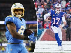 Chargers: probabilidades da semana 15 da NFL, escolhas O running back do Los Angeles Chargers, Omarion Hampton (8), marca um touchdown contra o Philadelphia Eagles.