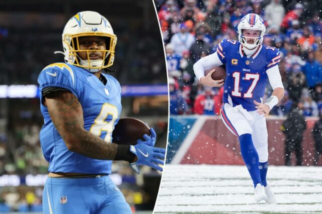 Chargers: probabilidades da semana 15 da NFL, escolhas O running back do Los Angeles Chargers, Omarion Hampton (8), marca um touchdown contra o Philadelphia Eagles.