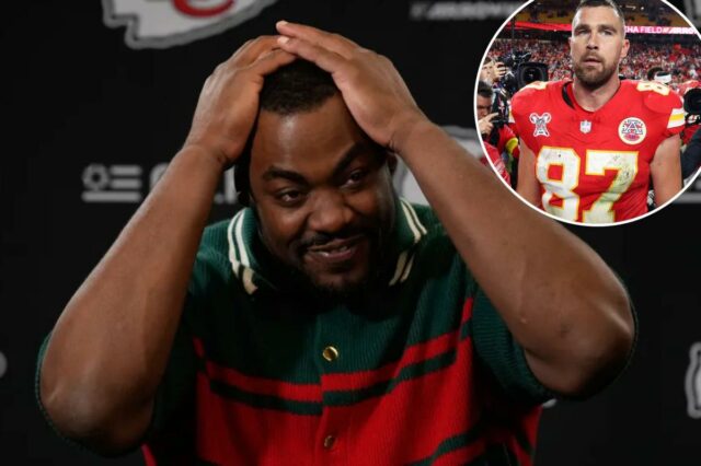 O defensivo do Kansas City Chiefs, Chris Jones, fala com os repórteres.