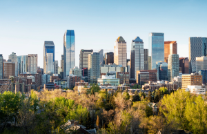 Cinco presos em Calgary por suposta fraude em cassino após investigação da equipe Horizonte de Calgary, com folhagens em primeiro plano e edifícios semelhantes a arranha-céus ao fundo. Cinco presos em Calgary por suposta fraude em cassino após investigação da equipe