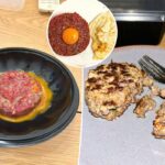 Colagem de um tweet sobre bife tártaro; a imagem da esquerda mostra bife tártaro preparado em um prato, a imagem da direita mostra bife tártaro despreparado com gema de ovo crua.