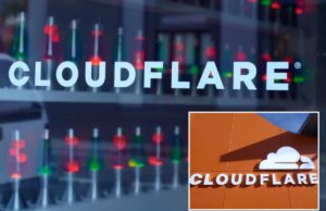 Cloudflare diz que serviço foi restaurado após interrupção que derrubou Zoom, LinkedIn O logotipo da Cloudflare em uma janela com muitas lâmpadas de lava vermelhas e verdes dentro.