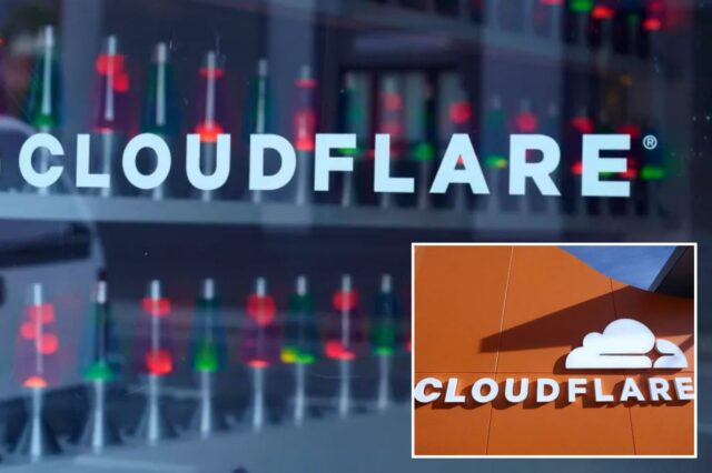 O logotipo da Cloudflare em uma janela com muitas lâmpadas de lava vermelhas e verdes dentro.