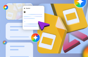 Comecei a usar o Gemini para criar apresentações no Apresentações Google, e isso mudou o jogo Ícones do Google Docs flutuando ao redor do logotipo da Gemini.