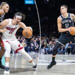 Noah Clowney nº 21 do Brooklyn Nets defende contra Jaime Jaquez Jr. nº 11 do Miami Heat durante o segundo tempo no Barclays Center, quinta-feira, 18 de dezembro de 2025, no Brooklyn, NY.
