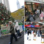 Pessoas fazendo compras e comendo em bancas de mercado no Bryant Park, em Nova York.