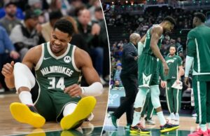 Cronograma de lesão de Giannis Antetokounmpo revelado após rumores de negociação de Bucks se intensificarem Giannis Antetokounmpo, do Milwaukee Bucks, reagindo a uma aparente lesão na quadra durante um jogo contra o Detroit Pistons.