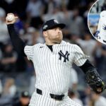 O arremessador do New York Yankees, David Bednar, lança um arremesso durante a 8ª entrada.