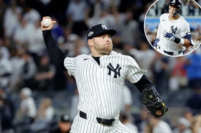 O arremessador do New York Yankees, David Bednar, lança um arremesso durante a 8ª entrada.
