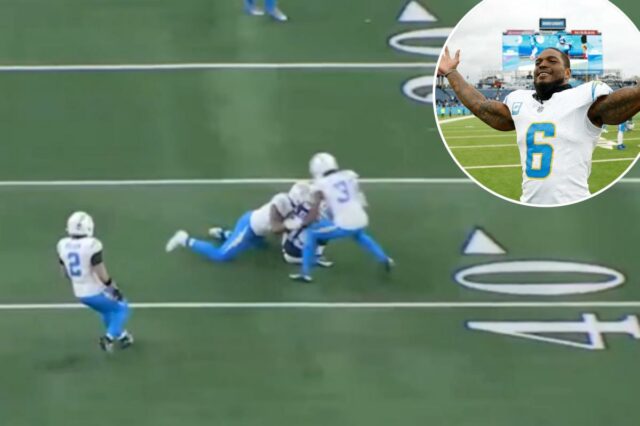 Denzel Perryman, do Chargers, bate no recebedor dos Cowboys, Ryan Flournoy.