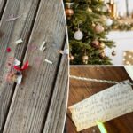 Ornamento rosa quebrado e notas de papel de uma cápsula do tempo em pranchas de madeira.