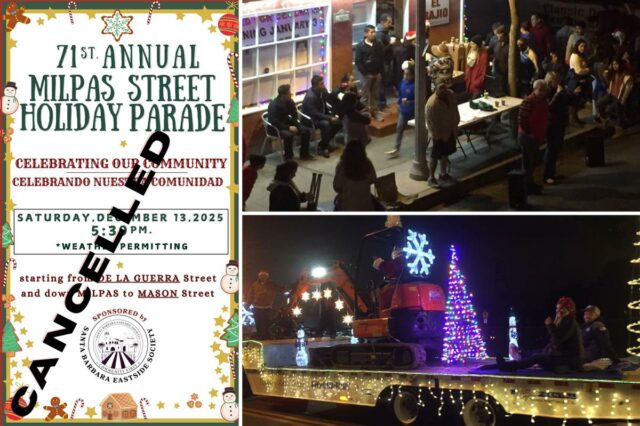 Desfile de férias na rica cidade da 'Riviera Americana', na Um carro alegórico de Notre Dame na Parada de Férias de Santa Bárbara Milpas.