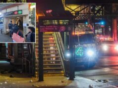 Dois homens esfaqueados por agressor empunhando facão na estação de metrô de Nova York: policiais A entrada da estação de trem West Farms Square-East Tremont Avenue à noite, com um caminhão da polícia de Nova York e outros veículos de emergência com luzes piscando na rua ao fundo.