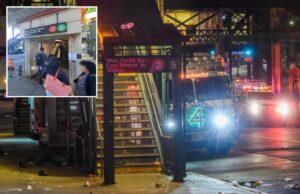 Dois homens esfaqueados por agressor empunhando facão na estação de metrô de Nova York: policiais A entrada da estação de trem West Farms Square-East Tremont Avenue à noite, com um caminhão da polícia de Nova York e outros veículos de emergência com luzes piscando na rua ao fundo.