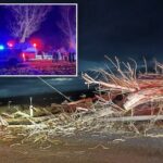 Fortes rajadas de vento causaram a queda de várias árvores velhas e apodrecidas internamente, derrubando linhas de energia e ferindo duas crianças que esperavam o ônibus.