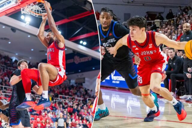 Dylan Darling lidera o St. John's na estreia do Big Dylan Darling, do St. John's Red Storm, vai até a cesta durante o primeiro tempo na Carnesecca Arena, terça-feira, 16 de dezembro de 2025,