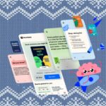 Uma mão segura um smartphone exibindo o aplicativo Headway com um café e um croissant ao fundo.