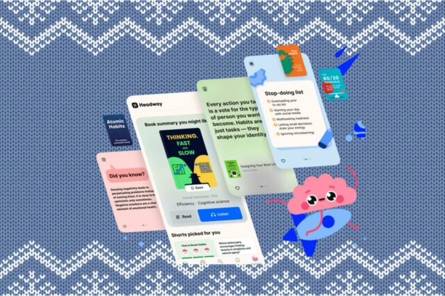 Economize tempo (e dinheiro) com acesso vitalício ao Headway com Uma mão segura um smartphone exibindo o aplicativo Headway com um café e um croissant ao fundo.