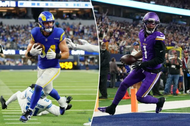 O tight end do Los Angeles Rams, Colby Parkinson (84), marca um touchdown contra o linebacker do Detroit Lions, Derrick Barnes (55).